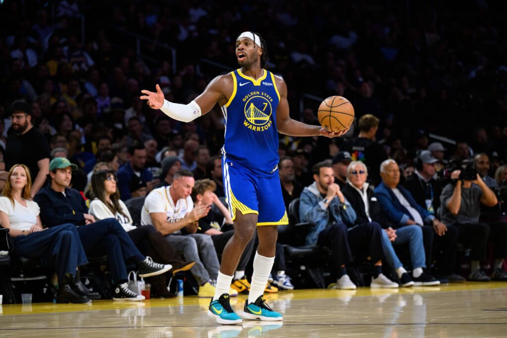 Oct 21, 2025; Los Angeles, California, USA; Golden State Warriors guard Buddy Hield (7) reacts during the second half against the Los Angeles Lakers at Crypto.com Arena. Mandatory Credit: William Liang-Imagn Images