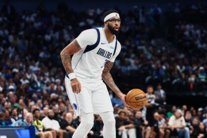 Oct 22, 2025; Dallas, Texas, USA; Dallas Mavericks forward Anthony Davis (3) dribbles during the game against the San Antonio Spurs at American Airlines Center. Mandatory Credit: Kevin Jairaj-Imagn Images