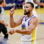 Oct 23, 2025; San Francisco, California, USA; Golden State Warriors guard Stephen Curry (30) celebrates against the Denver Nuggets during the third quarter at Chase Center. Mandatory Credit: Bob Kupbens-Imagn Images