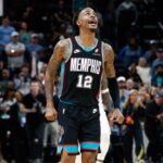 Oct 22, 2025; Memphis, Tennessee, USA; Memphis Grizzlies guard Ja Morant (12) reacts after defeating the New Orleans Pelicans at FedExForum. Mandatory Credit: Petre Thomas-Imagn Images