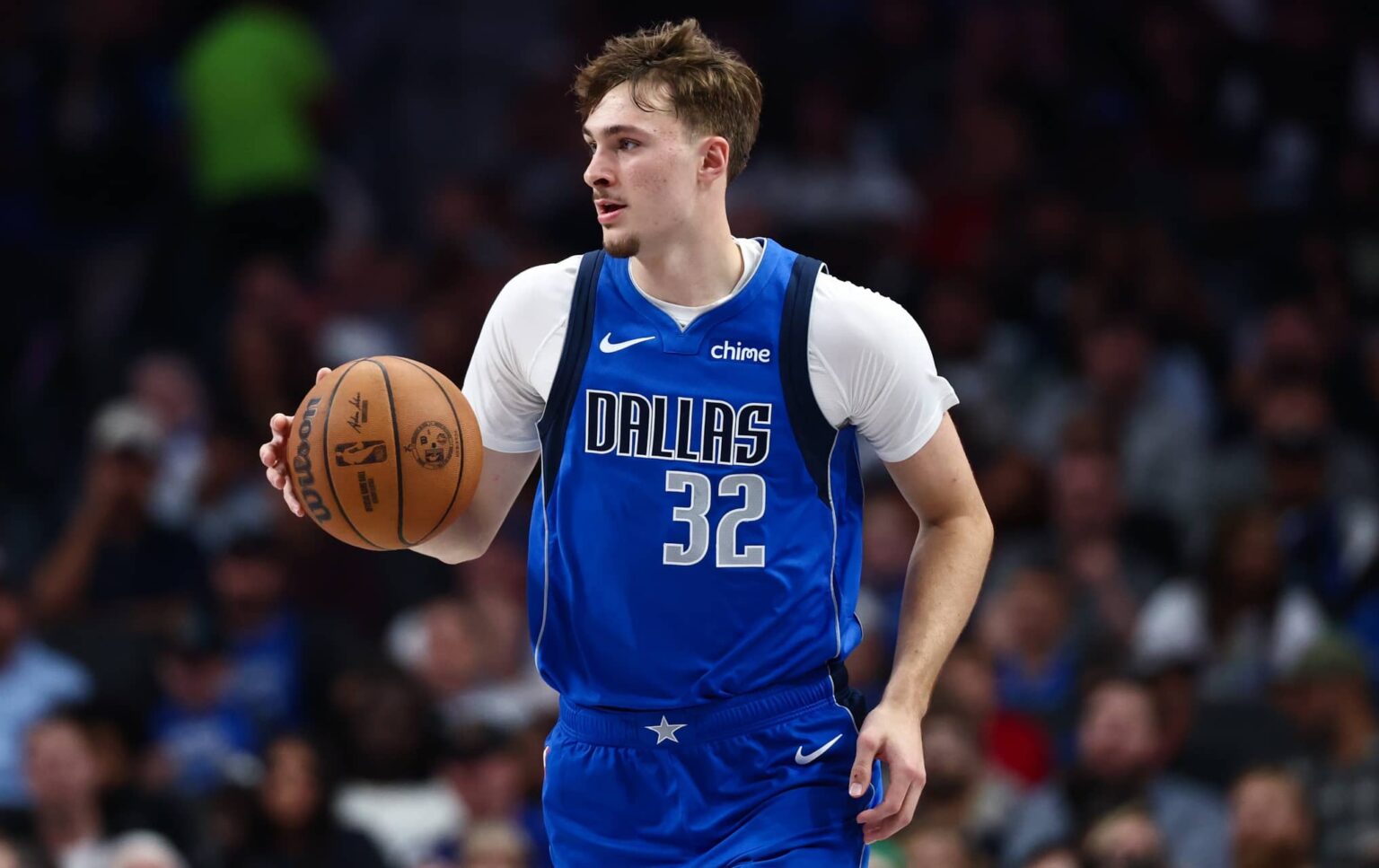 Oct 24, 2025; Dallas, Texas, USA; Dallas Mavericks forward Cooper Flagg (32) dribbles during the first quarter against the Washington Wizards at American Airlines Center. Mandatory Credit: Kevin Jairaj-Imagn Image