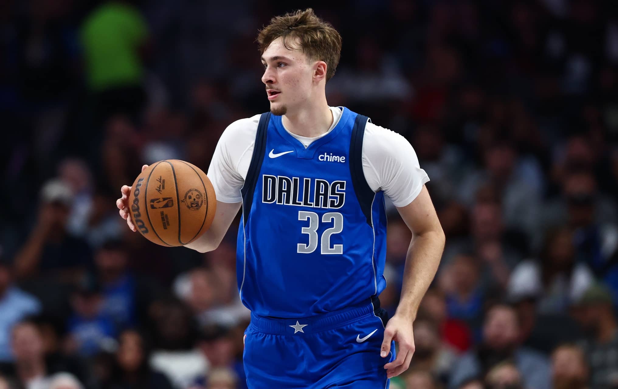 Oct 24, 2025; Dallas, Texas, USA; Dallas Mavericks forward Cooper Flagg (32) dribbles during the first quarter against the Washington Wizards at American Airlines Center. Mandatory Credit: Kevin Jairaj-Imagn Image
