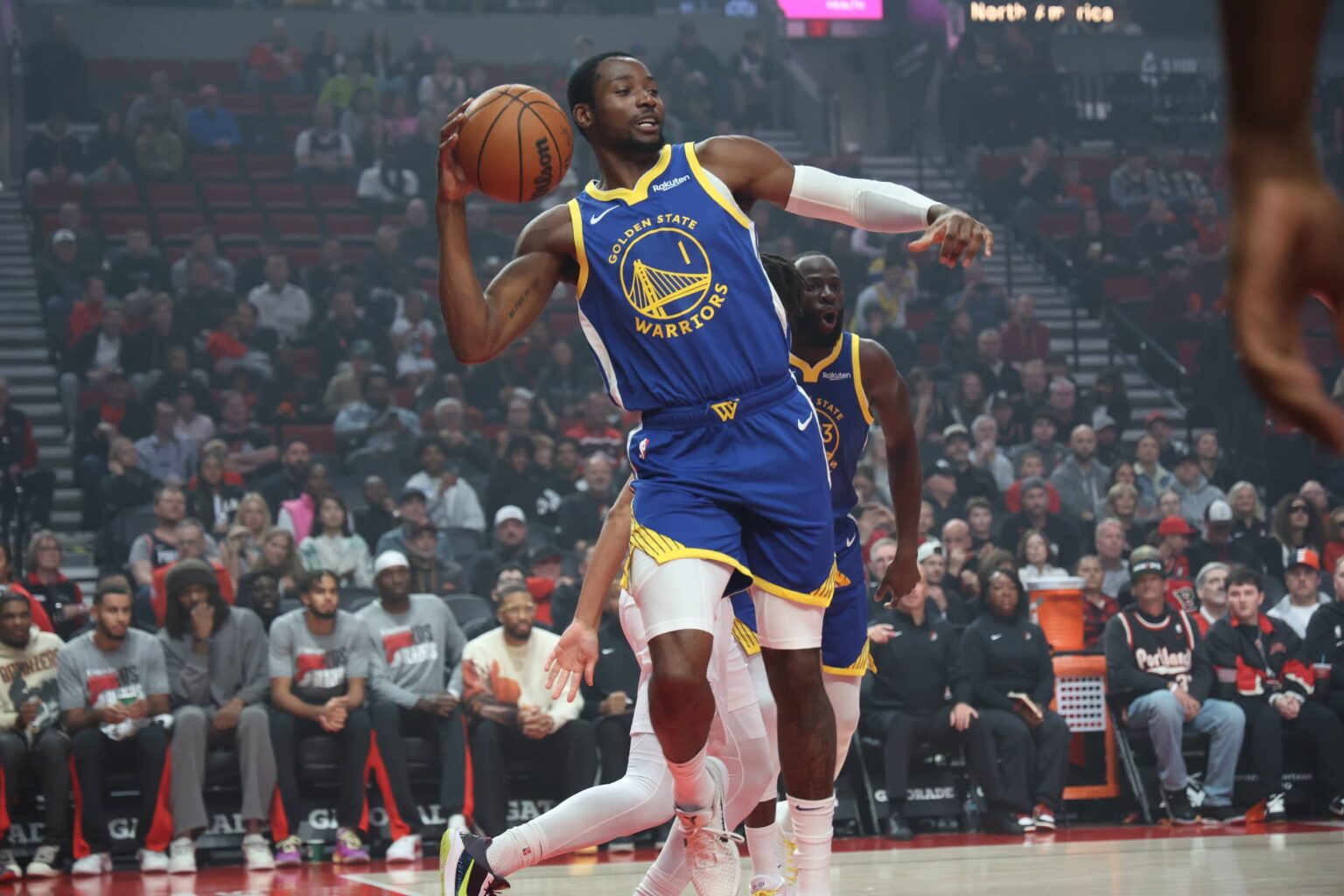 Oct 24, 2025; Portland, Oregon, USA; Golden State Warriors forward Jonathan Kuminga (1) passes the ball against the Portland Trail Blazers in the first half at Moda Center. Mandatory Credit: Jaime Valdez-Imagn Images