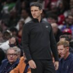 Oct 25, 2025; Atlanta, Georgia, USA; Oklahoma City Thunder head coach Mark Daigneault reacts on the bench against the Atlanta Hawks during the first half at State Farm Arena. Mandatory Credit: Dale Zanine-Imagn Images