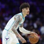 Oct 25, 2025; Philadelphia, Pennsylvania, USA; Charlotte Hornets guard LaMelo Ball (1) controls the ball against the Philadelphia 76ers during the fourth quarter at Xfinity Mobile Arena. Mandatory Credit: Bill Streicher-Imagn Images