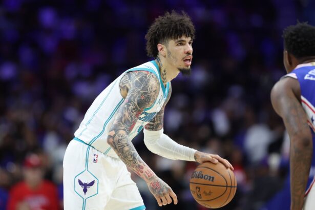 Oct 25, 2025; Philadelphia, Pennsylvania, USA; Charlotte Hornets guard LaMelo Ball (1) controls the ball against the Philadelphia 76ers during the fourth quarter at Xfinity Mobile Arena. Mandatory Credit: Bill Streicher-Imagn Images