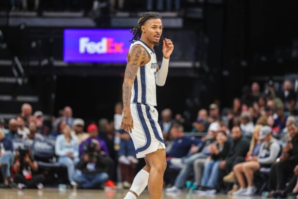 Oct 25, 2025; Memphis, Tennessee, USA; Memphis Grizzlies guard Ja Morant (12) looks on during the first half against the Indiana Pacers at FedExForum. Mandatory Credit: Wesley Hale-Imagn Images