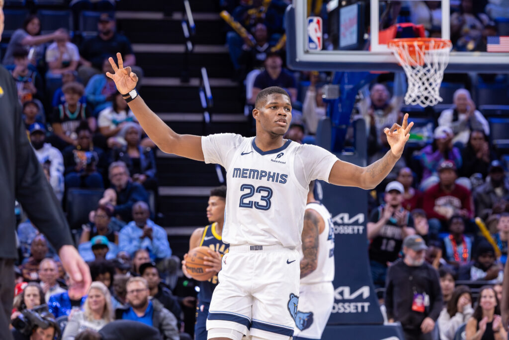 Oct 25, 2025; Memphis, Tennessee, USA; Memphis Grizzlies forward Cedric Coward (23) reacts after a three point basket against the Indiana Pacers during the second half at FedExForum. Mandatory Credit: Wesley Hale-Imagn Images