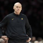 Oct 26, 2025; Minneapolis, Minnesota, USA; Indiana Pacers head coach Rick Carlisle looks on against the Minnesota Timberwolves in the first half at Target Center. Mandatory Credit: Jesse Johnson-Imagn Images