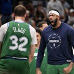 Oct 26, 2025; Dallas, Texas, USA; Dallas Mavericks forward Cooper Flagg (32) and forward Anthony Davis (3) celebrates after Flagg dunks the ball against the Toronto Raptors during the third quarter at the American Airlines Center. Mandatory Credit: Jerome Miron-Imagn Images