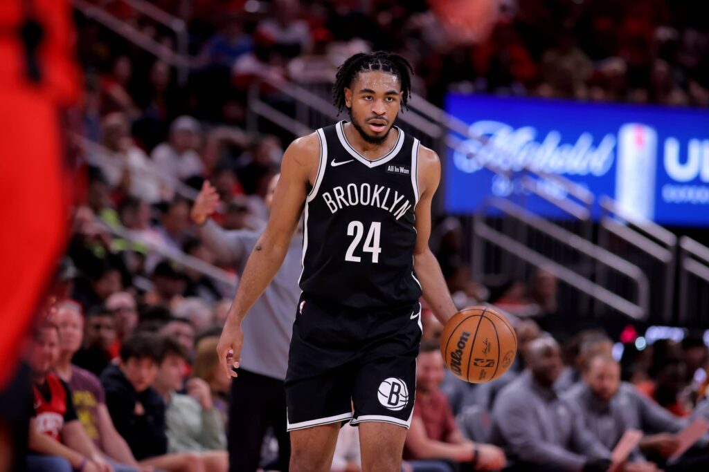 Oct 27, 2025; Houston, Texas, USA; Brooklyn Nets guard Cam Thomas (24) handles the ball against the Houston Rockets during the third quarter at Toyota Center. Mandatory Credit: Erik Williams-Imagn Images