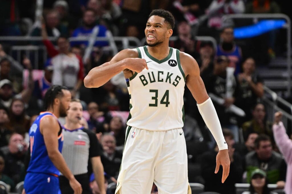 Milwaukee Bucks forward Giannis Antetokounmpo (34) reacts after scoring a basket in the 3rd quarter against the New York Knicks at Fiserv Forum.
