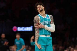 Oct 28, 2025; Miami, Florida, USA; Charlotte Hornets guard LaMelo Ball (1) celebrates after scoring against the Miami Heat during the first quarter at Kaseya Center. Mandatory Credit: Sam Navarro-Imagn Images