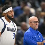 Oct 29, 2025; Dallas, Texas, USA; Dallas Mavericks forward Anthony Davis (3) exchanges words with Dallas Mavericks head coach Jason Kidd as Davis walks off the court during the first quarter at the American Airlines Center. Mandatory Credit: Jerome Miron-Imagn Images