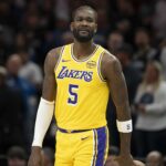Oct 29, 2025; Minneapolis, Minnesota, USA; Los Angeles Lakers center Deandre Ayton (5) looks on against the Minnesota Timberwolves in the first half at Target Center. Mandatory Credit: Jesse Johnson-Imagn Images