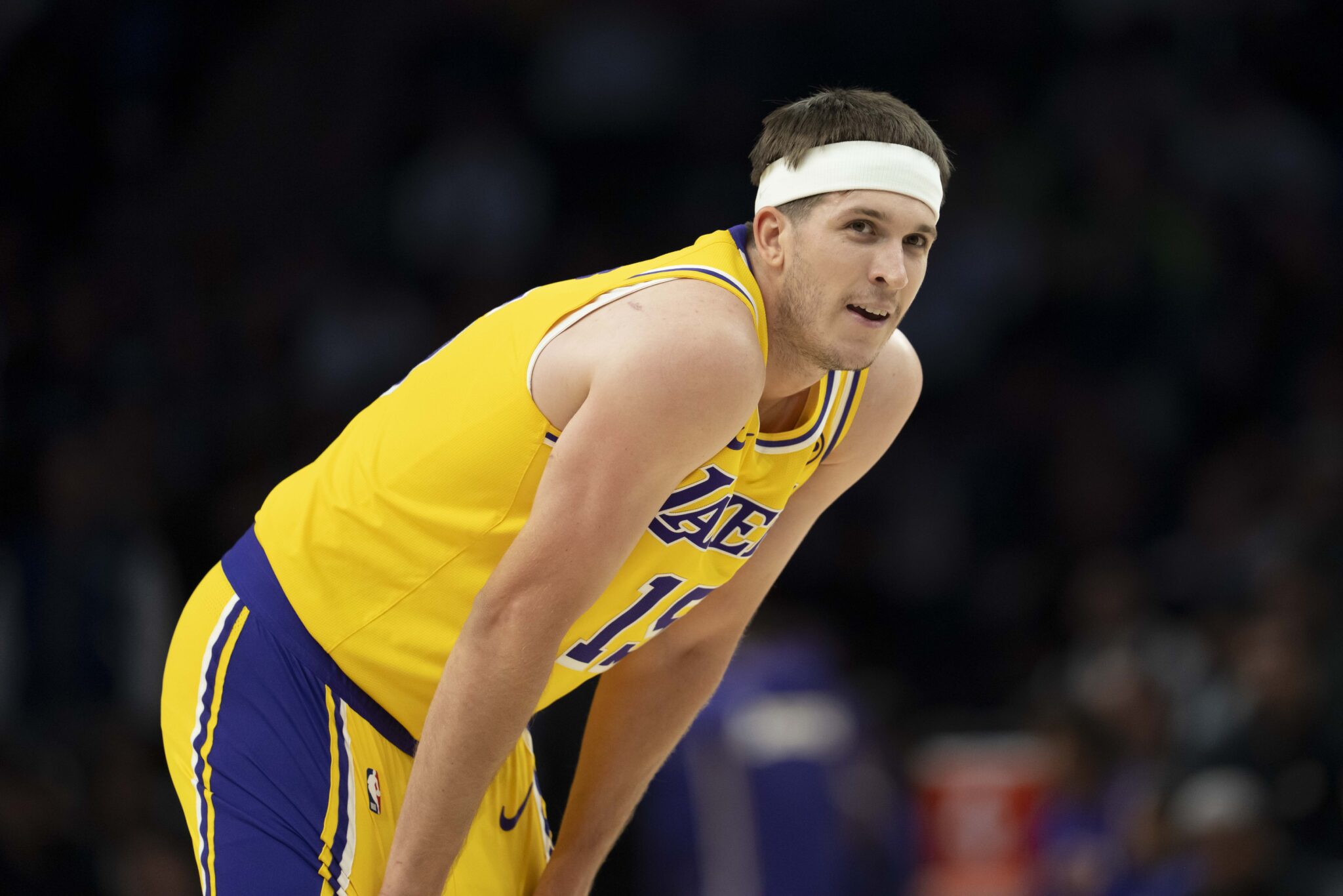 Oct 29, 2025; Minneapolis, Minnesota, USA; Los Angeles Lakers guard Austin Reaves (15) looks on against the Minnesota Timberwolves in the first half at Target Center. Mandatory Credit: Jesse Johnson-Imagn Images