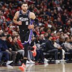 Oct 29, 2025; Chicago, Illinois, USA; Sacramento Kings guard Zach LaVine (8) reacts during the first half of an NBA game against the Chicago Bulls at United Center. Mandatory Credit: Kamil Krzaczynski-Imagn Images