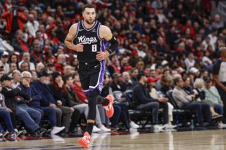 Oct 29, 2025; Chicago, Illinois, USA; Sacramento Kings guard Zach LaVine (8) reacts during the first half of an NBA game against the Chicago Bulls at United Center. Mandatory Credit: Kamil Krzaczynski-Imagn Images