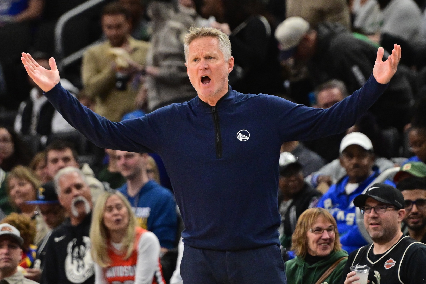 Golden State Warriors head coach Steve Kerr reacts in the 3rd quarter against the Milwaukee Bucks at Fiserv Forum.