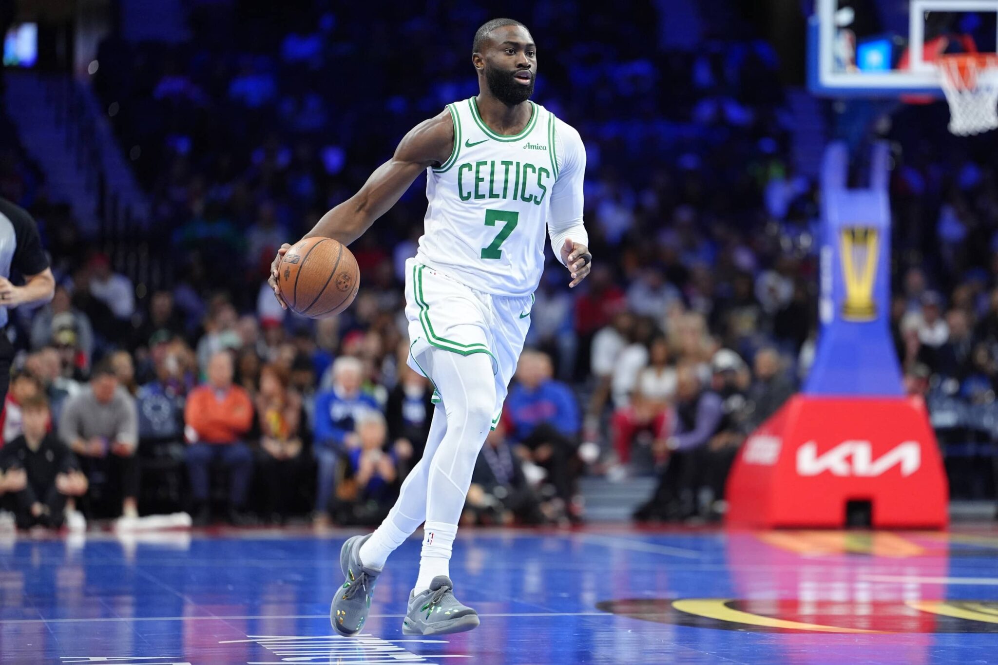 Oct 31, 2025; Philadelphia, Pennsylvania, USA; Boston Celtics forward Jaylen Brown (7) controls the ball against the Philadelphia 76ers in the first quarter at Xfinity Mobile Arena. Mandatory Credit: Kyle Ross-Imagn Images