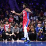 Oct 31, 2025; Philadelphia, Pennsylvania, USA; Philadelphia 76ers center Joel Embiid (21) reacts against the Boston Celtics in the first quarter at Xfinity Mobile Arena. Mandatory Credit: Kyle Ross-Imagn Images