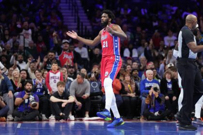 Oct 31, 2025; Philadelphia, Pennsylvania, USA; Philadelphia 76ers center Joel Embiid (21) reacts against the Boston Celtics in the first quarter at Xfinity Mobile Arena. Mandatory Credit: Kyle Ross-Imagn Images