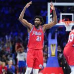 Oct 31, 2025; Philadelphia, Pennsylvania, USA; Philadelphia 76ers center Joel Embiid (21) reacts against the Boston Celtics in the third quarter at Xfinity Mobile Arena. Mandatory Credit: Kyle Ross-Imagn Images