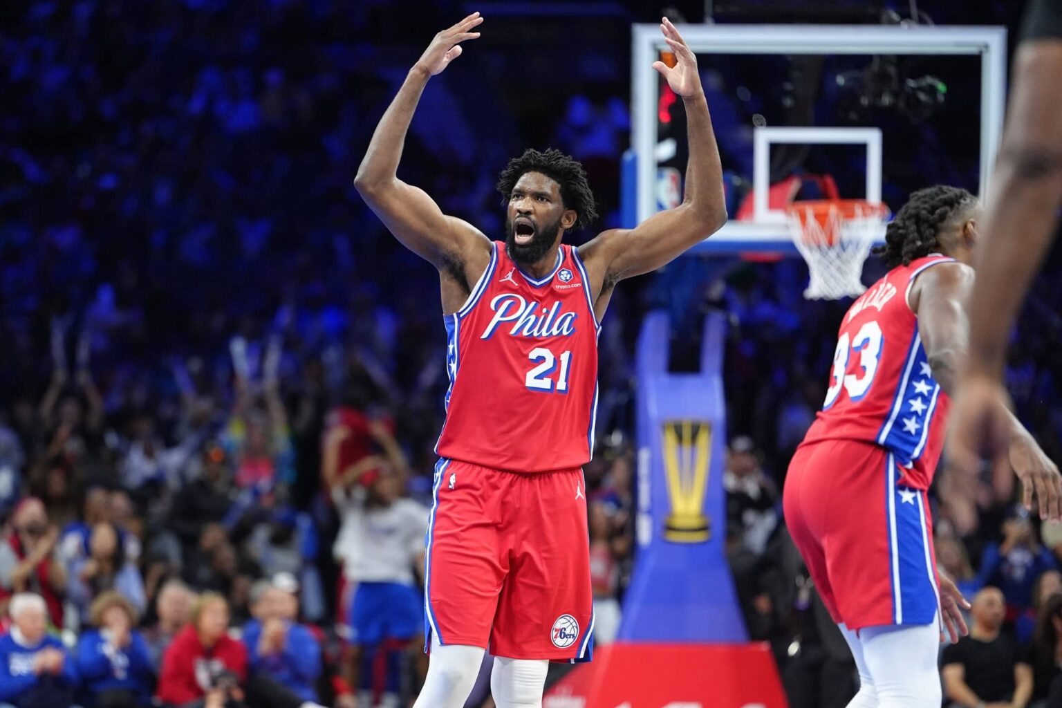 Oct 31, 2025; Philadelphia, Pennsylvania, USA; Philadelphia 76ers center Joel Embiid (21) reacts against the Boston Celtics in the third quarter at Xfinity Mobile Arena. Mandatory Credit: Kyle Ross-Imagn Images