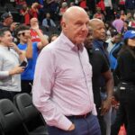 Oct 31, 2025; Inglewood, California, USA; LA Clippers owner Steve Ballmer watches during the game against the New Orleans Pelicans at Intuit Dome. Mandatory Credit: Kirby Lee-Imagn Images