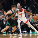Nov 1, 2025; Boston, Massachusetts, USA; Boston Celtics forward Hugo Gonzalez (28) defends Houston Rockets forward Kevin Durant (7) during the first half at TD Garden. Mandatory Credit: Paul Rutherford-Imagn Images