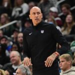 Nov 1, 2025; Milwaukee, Wisconsin, USA; Sacramento Kings head coach Doug Christie looks on in the 4th quarter against the Milwaukee Bucks at Fiserv Forum. Mandatory Credit: Benny Sieu-Imagn Images