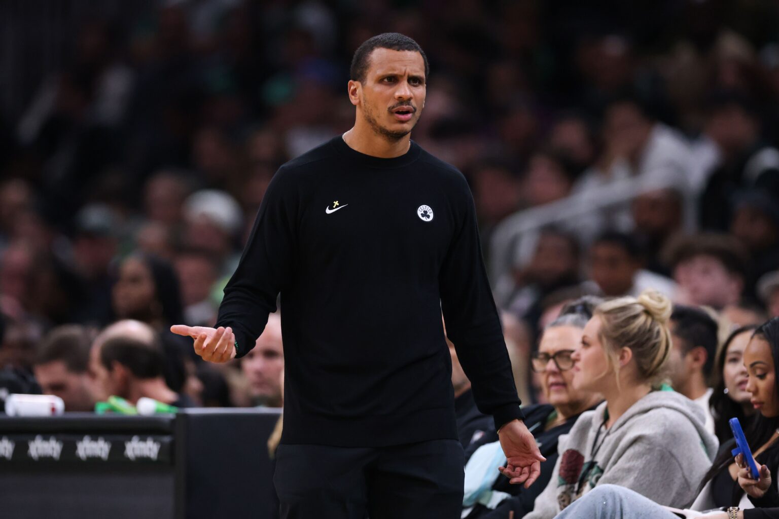 Nov 1, 2025; Boston, Massachusetts, USA; Boston Celtics head coach Joe Mazzulla reacts during the first half against the Houston Rockets at TD Garden. Mandatory Credit: Paul Rutherford-Imagn Images