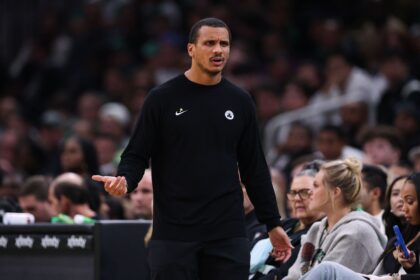 Nov 1, 2025; Boston, Massachusetts, USA; Boston Celtics head coach Joe Mazzulla reacts during the first half against the Houston Rockets at TD Garden. Mandatory Credit: Paul Rutherford-Imagn Images