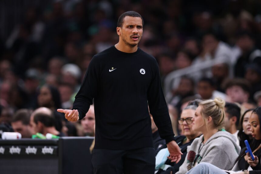 Nov 1, 2025; Boston, Massachusetts, USA; Boston Celtics head coach Joe Mazzulla reacts during the first half against the Houston Rockets at TD Garden. Mandatory Credit: Paul Rutherford-Imagn Images