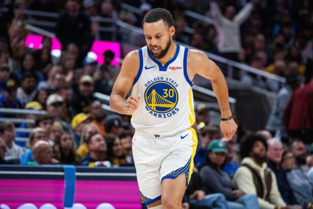 Nov 1, 2025; Indianapolis, Indiana, USA; Golden State Warriors guard Stephen Curry (30) celebrates a made basket in the second half against the Indiana Pacers at Gainbridge Fieldhouse. Mandatory Credit: Trevor Ruszkowski-Imagn Images