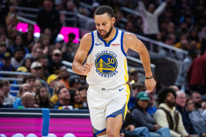 Nov 1, 2025; Indianapolis, Indiana, USA; Golden State Warriors guard Stephen Curry (30) celebrates a made basket in the second half against the Indiana Pacers at Gainbridge Fieldhouse. Mandatory Credit: Trevor Ruszkowski-Imagn Images