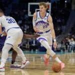 Nov 2, 2025; Charlotte, North Carolina, USA; Utah Jazz forward Lauri Markkanen (23) handles the ball against the Charlotte Hornets during the second half at Spectrum Center. Mandatory Credit: Jim Dedmon-Imagn Images