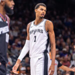 Nov 2, 2025; Phoenix, Arizona, USA; San Antonio Spurs forward Victor Wembanyama (1) reacts after a drawing a foul in the second half against the Phoenix Suns at Mortgage Matchup Center. Mandatory Credit: Allan Henry-Imagn Images