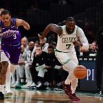Nov 3, 2025; Boston, Massachusetts, USA; Boston Celtics guard Jaylen Brown (7) chases after a loose ball during the first half against the Utah Jazz at TD Garden. Mandatory Credit: Bob DeChiara-Imagn Images