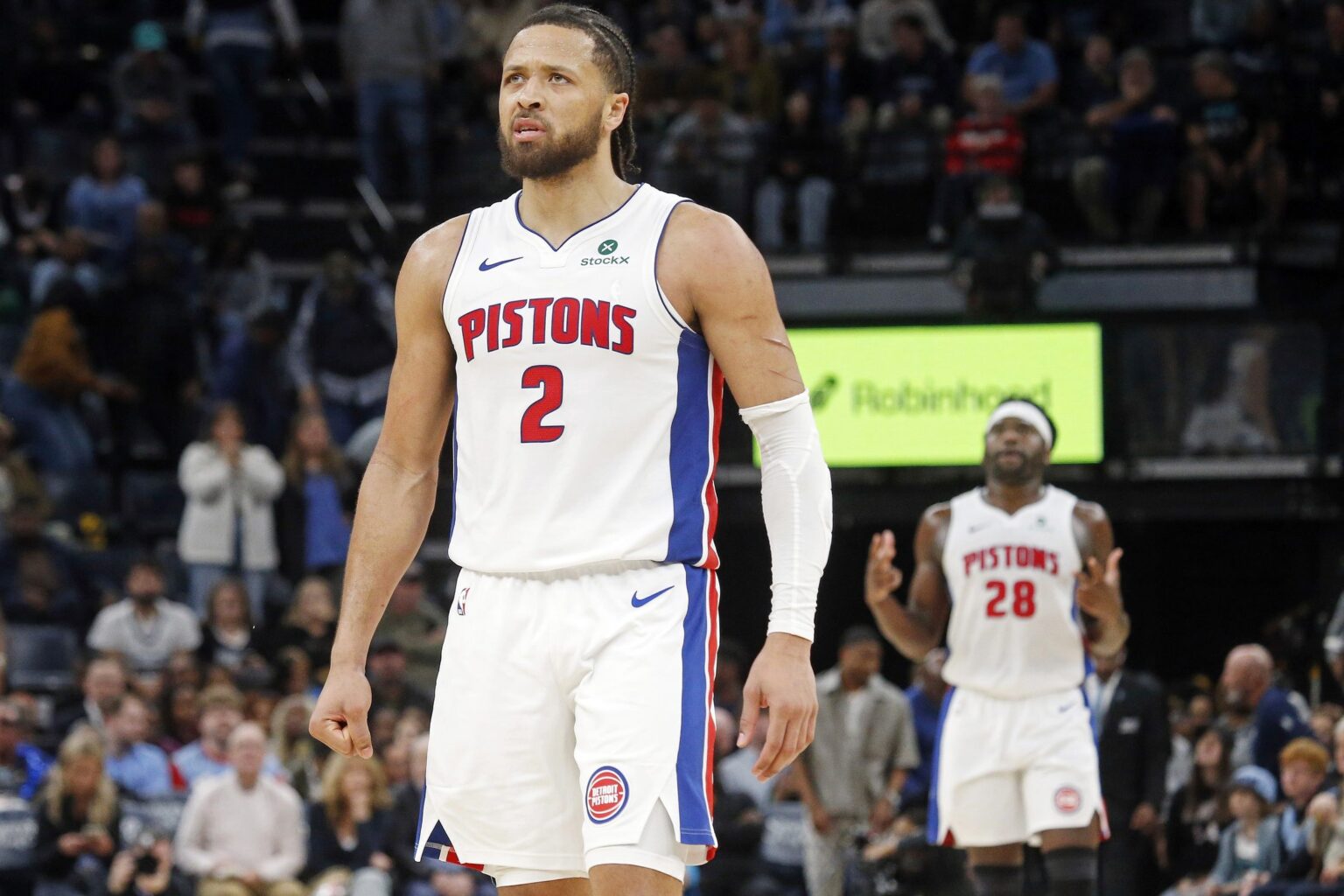 Detroit Pistons guard Cade Cunningham (2) reacts during the fourth quarter against the Memphis Grizzlies at FedExForum.