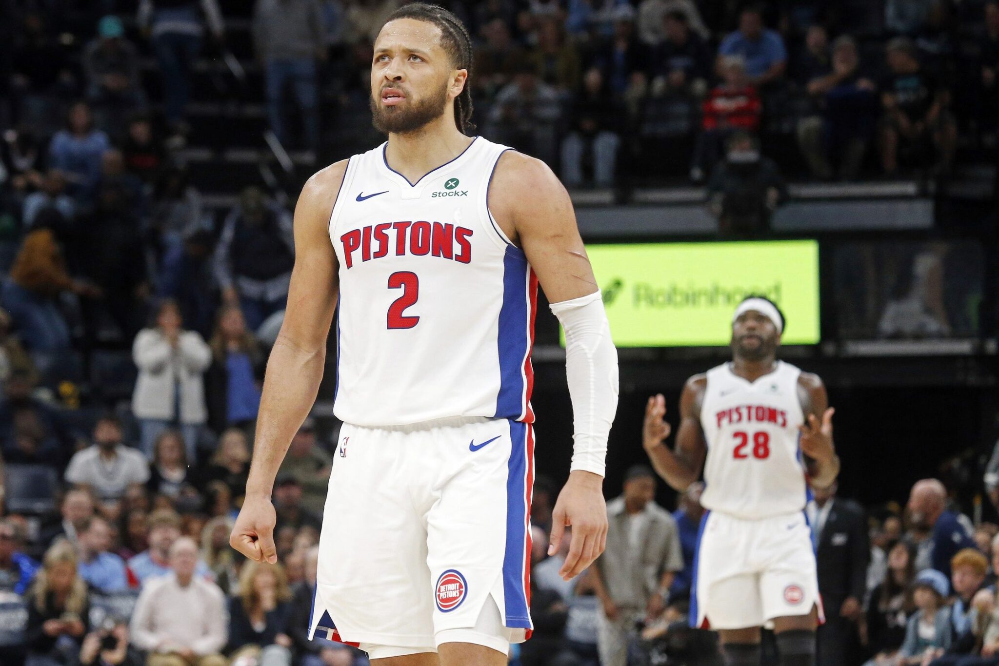 Detroit Pistons guard Cade Cunningham (2) reacts during the fourth quarter against the Memphis Grizzlies at FedExForum.