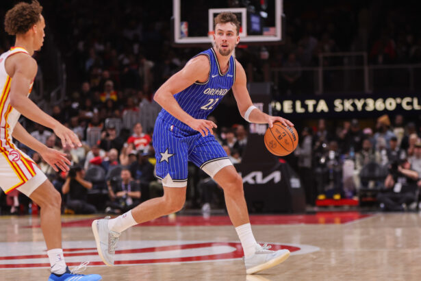 Nov 4, 2025; Atlanta, Georgia, USA; Orlando Magic forward Franz Wagner (22) dribbles against the Atlanta Hawks in the second quarter at State Farm Arena. Mandatory Credit: Brett Davis-Imagn Images