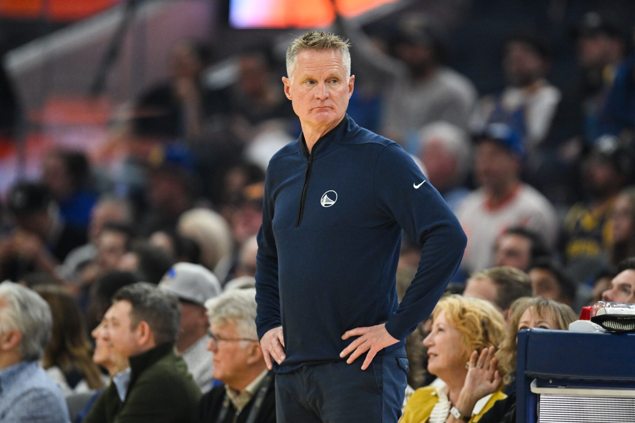 Nov 4, 2025; San Francisco, California, USA; Golden State Warriors head coach Steve Kerr looks on against the Phoenix Suns in the first quarter at Chase Center. Mandatory Credit: Eakin Howard-Imagn Images