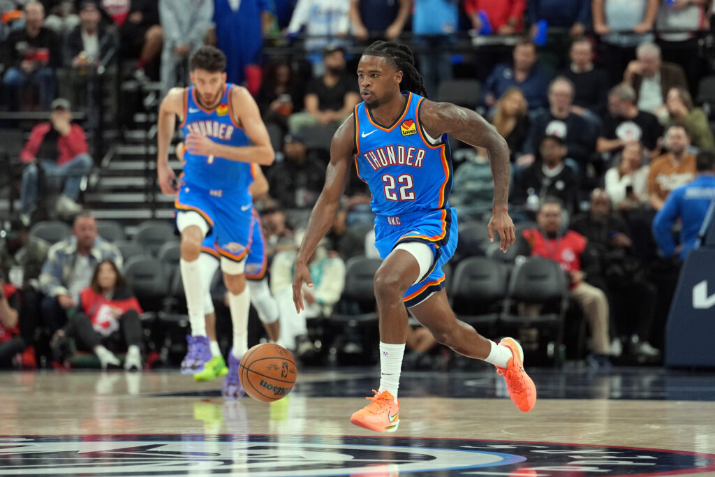 Nov 4, 2025; Inglewood, California, USA; Oklahoma City Thunder guard Cason Wallace (22) dribbles the ball against the LA Clippers in the second half at Intuit Dome. Mandatory Credit: Kirby Lee-Imagn Images