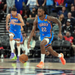 Nov 4, 2025; Inglewood, California, USA; Oklahoma City Thunder guard Cason Wallace (22) dribbles the ball against the LA Clippers in the second half at Intuit Dome. Mandatory Credit: Kirby Lee-Imagn Images