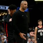Nov 5, 2025; Memphis, Tennessee, USA; Houston Rockets head coach Ime Udoka reacts during the third quarter against the Memphis Grizzlies at FedExForum. Mandatory Credit: Petre Thomas-Imagn Images