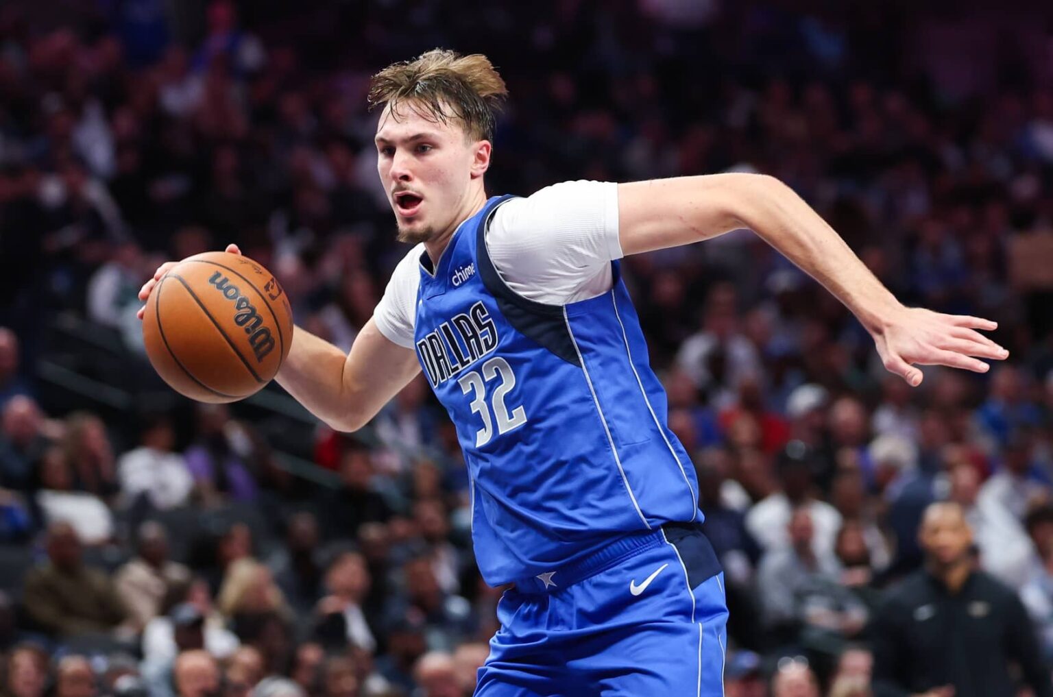 Nov 5, 2025; Dallas, Texas, USA; Dallas Mavericks forward Cooper Flagg (32) dribbles during the second half against the New Orleans Pelicans at American Airlines Center. Mandatory Credit: Kevin Jairaj-Imagn Images