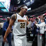 Nov 5, 2025; Denver, Colorado, USA; Denver Nuggets forward Aaron Gordon (32) following the game against the Miami Heat in the second half at Ball Arena. Mandatory Credit: Ron Chenoy-Imagn Images