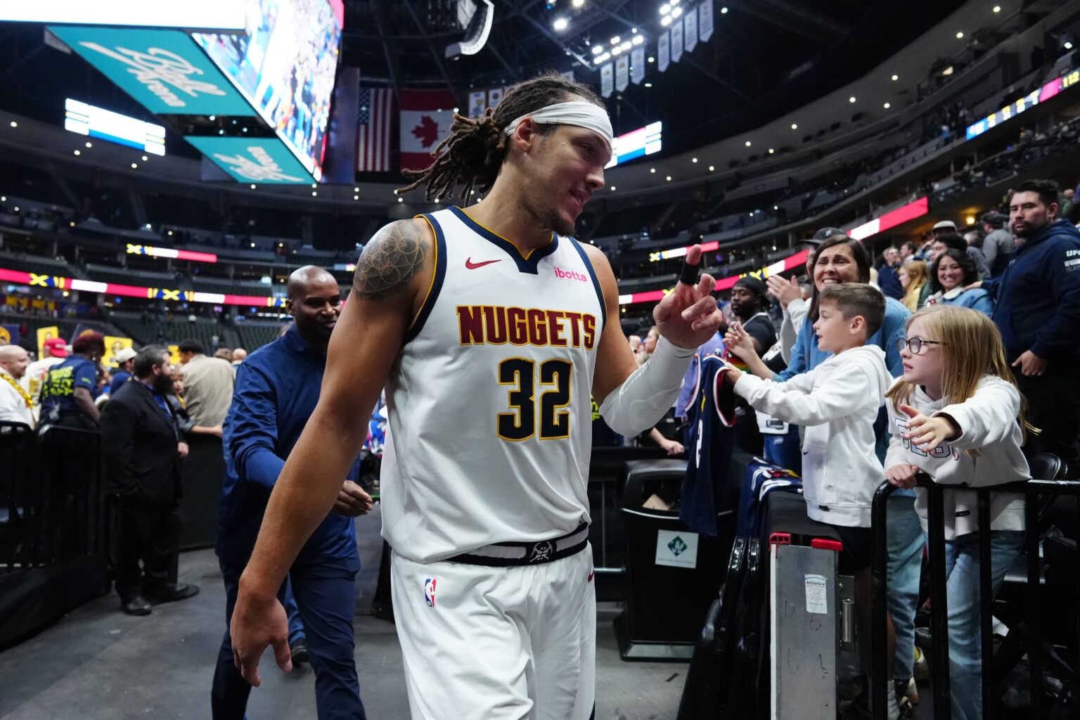 Nov 5, 2025; Denver, Colorado, USA; Denver Nuggets forward Aaron Gordon (32) following the game against the Miami Heat in the second half at Ball Arena. Mandatory Credit: Ron Chenoy-Imagn Images