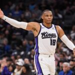 Nov 5, 2025; Sacramento, California, USA; Sacramento Kings guard Russell Westbrook (18) celebrates after scoring against the Golden State Warriors during the second quarter at Golden 1 Center. Mandatory Credit: Ed Szczepanski-Imagn Images